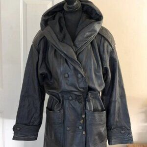 Vintage Clour Black Leather Trench Coat w/ Hood Waist Pull Size M